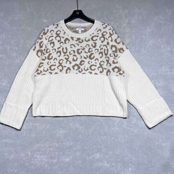 Nine West Sweater Womens Size XXL Cream Tan Animal Pattern Ribbed Long Sleeve - Picture 1 of 12